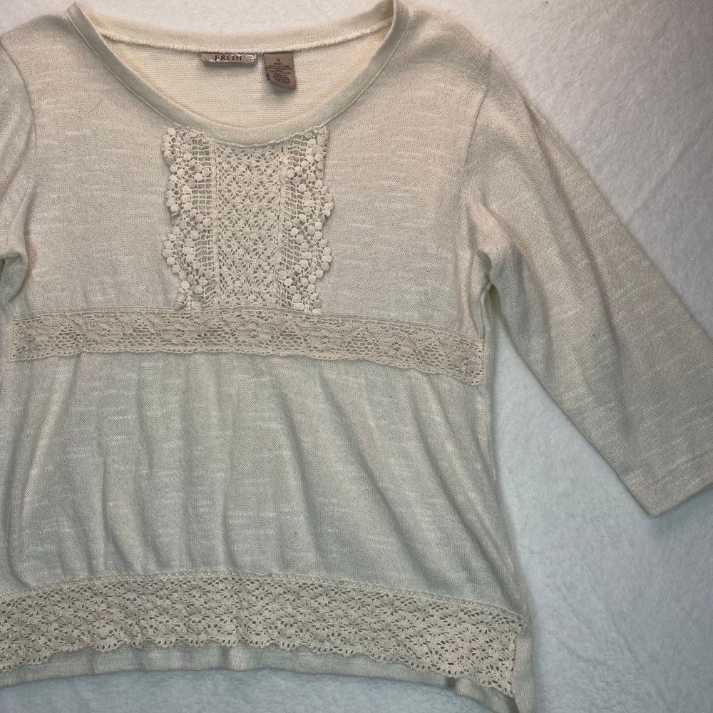 Fresh Knit Top Womens S Cream Crochet Lace Boho‎ Peasant Victorian Soft Romantic